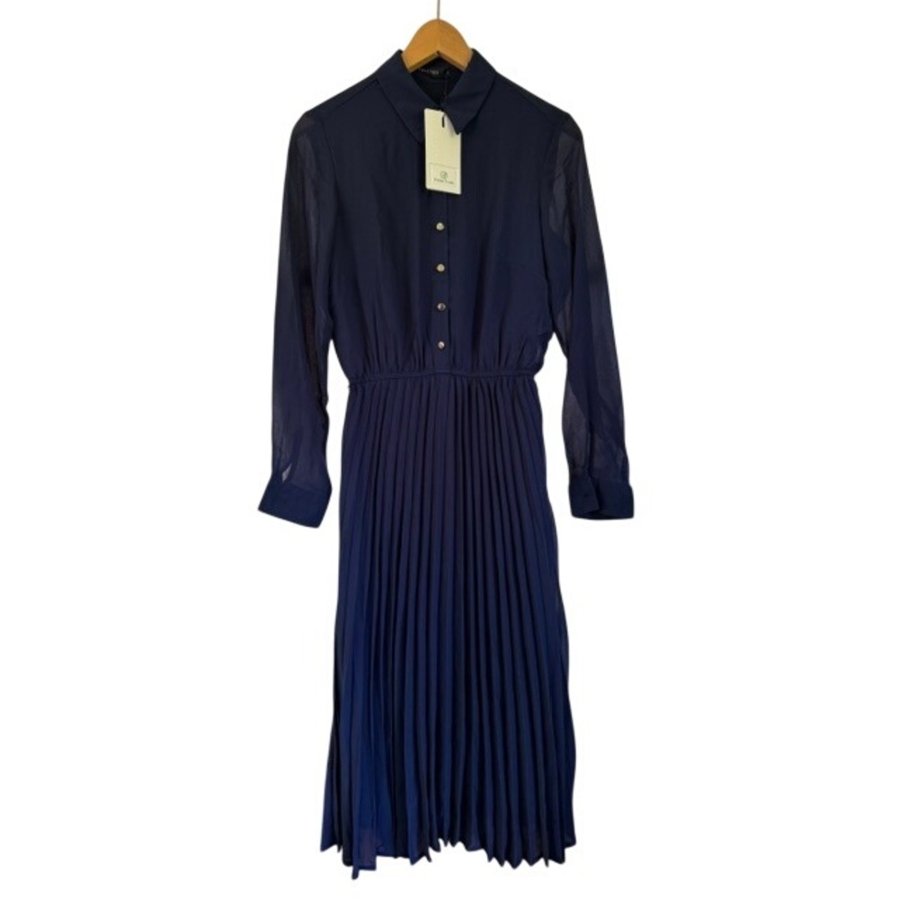 NWT Able Tree Navy Blue Pleated Midi Dress Sheer Long Sleeve Small